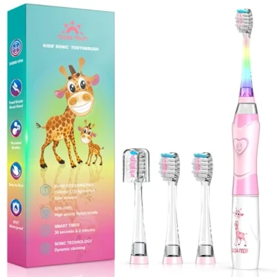 Immagine di Spazzolino Elettrico Bambini 3 6 12 Anni Bambina Bambino Bimba Con Timer Luci LED Arcobaleno E 4 Testine Morbide (Giraffa Rosa)