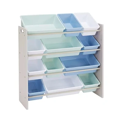 Immagine di Amazon Basics giocattoli bambini Organizer con 12 Legno Grigio E Contenitori Blu, 10.9&quot; x 33.6&quot; 31.1&quot;