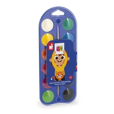 Immagine di Janod Tavolozza per Pittura ad acqua 12 pastiglie e Pennello Inclusi Facile da Usare Lavabile Coperchio utile mescolare i Colori Hobby creativi attività manuali J07409, Multicolore, J07409