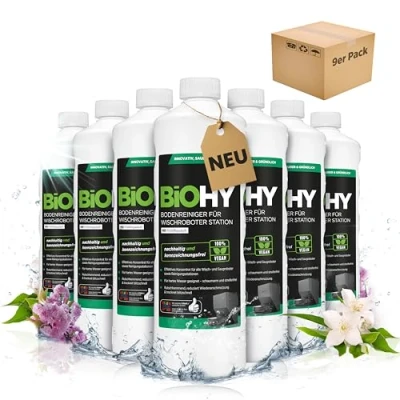 Immagine di BiOHY detergente per pavimenti robot, stazione con profumo primaverile (9 x 1 litro), concentrato tutti i tipi di pulizia e robot aspirapolvere funzione bagnata, braccio
