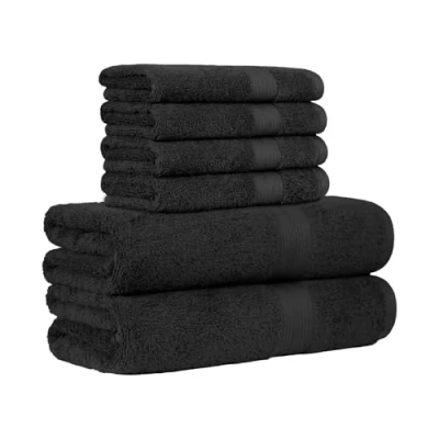 Immagine di Amazon Basics 6 pezzi Set di 2 da bagno e 4 asciugamani per le mani che non sbiadiscono, Corpo &amp; Mani, Asciugamano bagno, colore Nero, 70 x cm