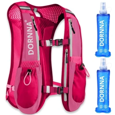 Immagine di DORNNA® Zaino Trail Running + 2 borraccia mórbida 500 ml Senza BPA, Vest con Soft Flask , Gilet Uomo e Donna in Taglia Unica. (Rosa ML)