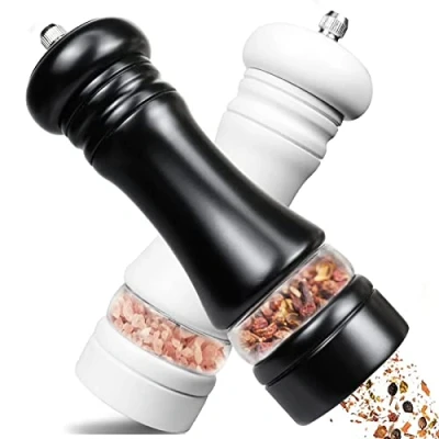 Immagine di IAGORYUE Macina Pepe Set di 2 Pezzi, Sale e Manuale con Regolabile Macinino in Ceramica, Saliera Pepiera Legno Acrilico Trasparente, Macinapepe per Sale, Pepe, Spezie,Altezza 16.5cm