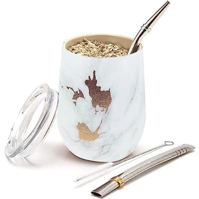Immagine di BALIBETOV Mate Argentino Set Yerba (Tazza Mate) Acciaio Inossidabile 18/8 a Doppia Parete Include Due Bombilla e Una Spazzola per la Pulizia Autentico