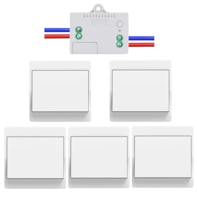 Immagine di Cerhot Kit ricevitore wireless autoazionato, RF433, telecomando a bottone, interruttore da parete LED, illuminazione interna ed esterna, senza batteria e WiFi (EU 1 marce 5 V1 A)
