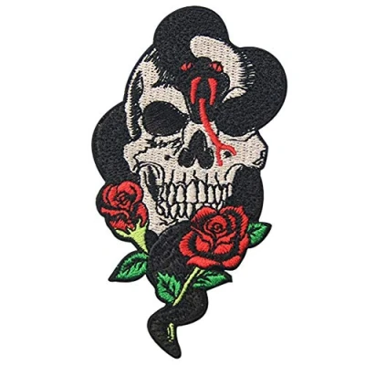 Immagine di Skull patch stemma ricamato toppa termoadesiva Snake Rose and