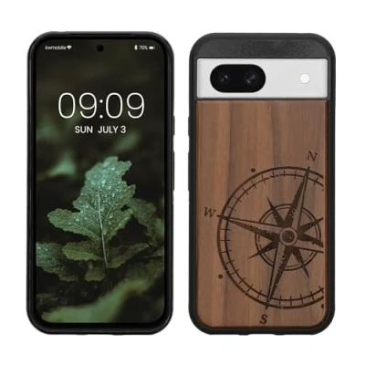 Immagine di kwmobile Custodia Compatibile con Google Pixel 8a Cover Back Case in Legno Bumper Silicone TPU Bussola vintage marrone scuro