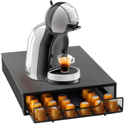 Immagine di Avilia Portacapsule in Bambù con Cassetto Multifunzionale per Organizzare Capsule, Cialde, Tisane,Zucchero,bicchierini da caffè e piccole brioche (Portacapsule Metallo)