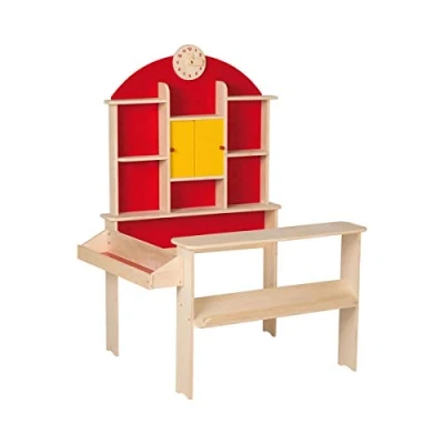 Immagine di roba Grande Negozio Giocattolo per Bambini con Mensole e Cassetti Accessori Vari Inclusi Stand Vendita 2 Piani di Lavoro Legno Massiccio Naturale Rosso