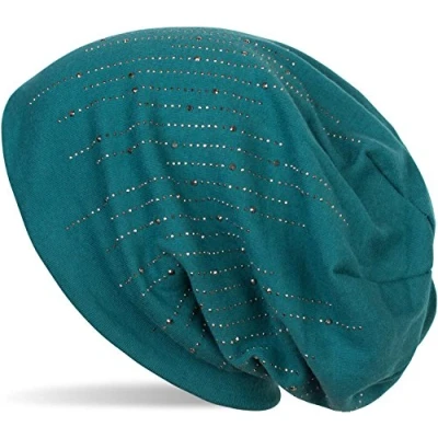 Immagine di styleBREAKER Cuffia Beanie con Strass e Borchie in Elegante Design a Righe, Slouch longbeanie, Unisex 04024086, Colore:Petrolio