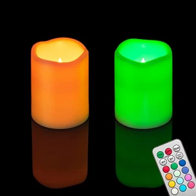 Immagine di 2 PZ 7,6 x 10,2 cm Multi Color Flameless LED Pillar Candele con Remote Timer/Battery Operated Elettrico Flickering Plastica Falso Candela per Halloween Luce di Zucca Lanterna Decorazioni Natale