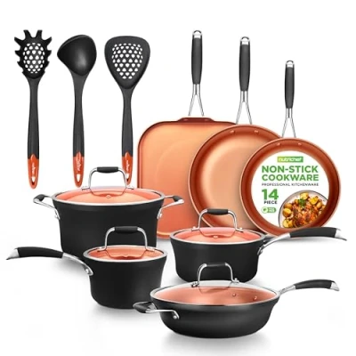 Immagine di NutriChef Set di Pentole e Padelle Antiaderenti in Rame da 14 Pezzi con Coperchi, Rivestimento a 3 Strati, Padella Antiaderente Professionale, Compatibile Tutti i Piani Cottura Gas Forno
