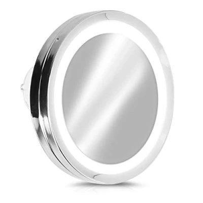 Immagine di Navaris Specchio da Trucco LED Ingrandimento 5X con Ventosa Specchietto Cosmetico Illuminato Ingrandente x5 Bagno Make Up Batterie Argento