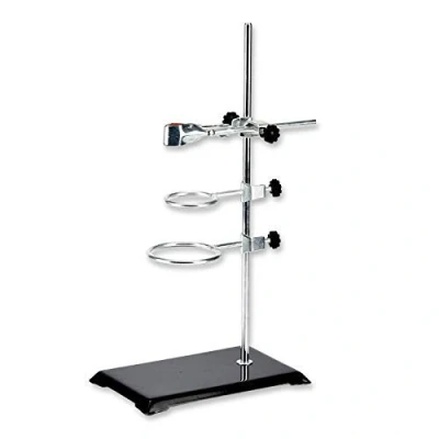 Immagine di feedal supporto per storta laboratorio chimico, da (21 x 14 cm), 2 anelli (dia. 5 cm/7,3 asta (lunghezza 40 cm) e morsetto beuta