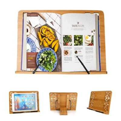 Immagine di Supporti per Libri da Cucina in Bambù. Leggio Riposo e Ricettari Regolabile Ideale Libri, iPad, Tablet.