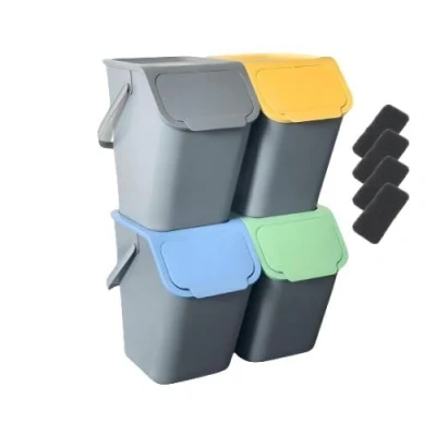 Immagine di Go Practic set di 4 pattumiere e filtri bio in fibra carbonio, impilabili, con coperchio a scatto, per raccolta differenziata, cucina, colori, 25 l ciascuna