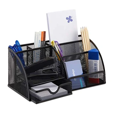 Immagine di Relaxdays Organizer Scrivania Ufficio 6 Scomparti, Metallo, Cassetto, Porta Foglietti, Portapenne, Nero
