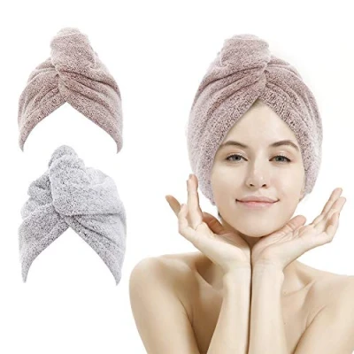Immagine di M bestl, Confezione da 2 asciugamani a turbante per capelli con bottoni, in microfibra