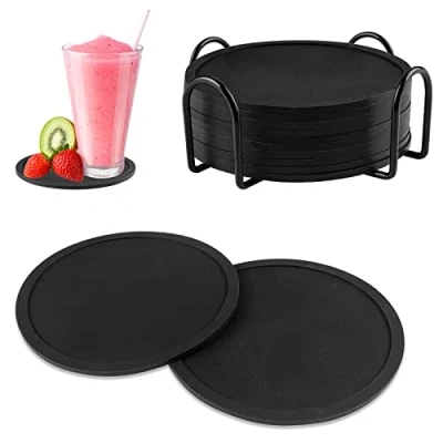 Immagine di Gvolatee 12 Pezzi Sottobicchieri Silicone Nero con Supporto Set, Personalizzati Sottobicchiere in Forma di Dischi Vinile per Bevande, Rotondi Sottobottiglia da Tavola, Birra Bar e Auto