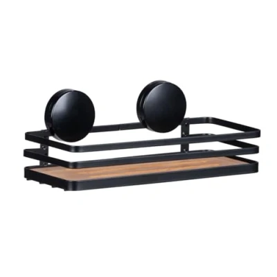 Immagine di Wenko Superficie di appoggio da parete Static Loc Plus Alba per stanza bagno, in acciaio verniciato e bambù sostenibile, fissaggio senza perforazione, 26,5 x 12,5 11 cm, nero/al naturale