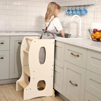 Immagine di torre di apprendimento in legno Montessori salvaspazio : pieghevole, sgabello per bambini, scala pieghevole con protezione anti inclinazione (Ivory)