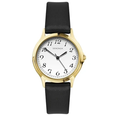 Immagine di Sekonda Orologio classico da donna, al quarzo, facile leggere, con display analogico bianco e cinturino nero, Cassa dorata, Colore: RAL