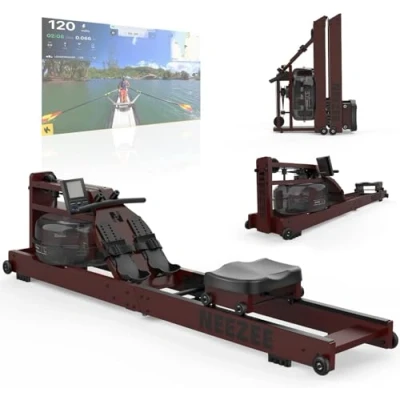 Immagine di Neezee Vogatore per la casa, pieghevole, in vero legno, con poggiapiedi regolabile e resistenza all&#039;acqua, display LCD, Compatibile l’App Kinomap