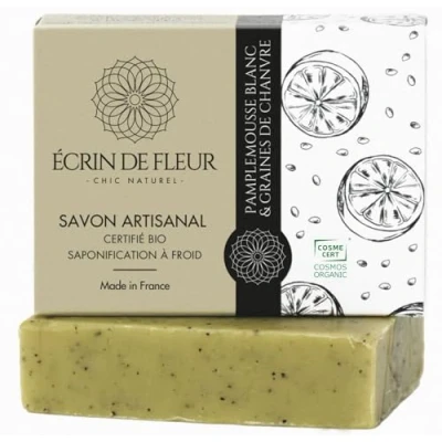 Immagine di Écrin de Fleur Sapone Biologico Fatto a Mano al Pompelmo Bianco con Polvere di Semi Canapa, Esfoliante Maschile, per Tutti i Tipi Pelle, senza Olio Palma, 1x90g
