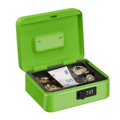 Immagine di Relaxdays Cassetta con Combinazione, 3 Cifre, Porta Soldi, Valigetta in Ferro, Portavalori, 8,5x20x17 cm, Verde, Acciaio