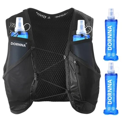 Immagine di DORNNA Light Edition V1 Zaino Trail Running + 2 borraccia mórbida 500 ml Senza BPA, Run Vest con Soft Flask, Gilet Uomo e Donna. (Nero, XS S)