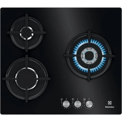 Immagine di Electrolux KGE6633NOK Piano cottura a gas da 60 cm e 3 zone, Zona Wok, comandi anteriori, calore istantaneo, auto accensione elettronica, termocoppia di sicurezza, include iniettori per scambio, nero
