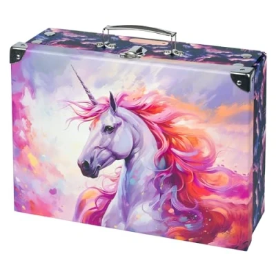 Immagine di Baagl valigetta per bambini giocattoli e forniture scolastiche, di cartone, giocattolo, pieghevole, custodia pieghevole con manico in metallo (unicorno reale)