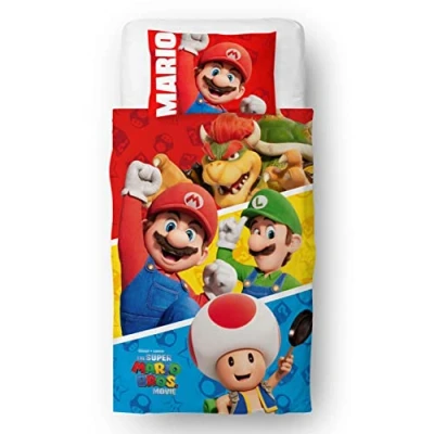 Immagine di Character World Nintendo Super Mario Movie set copripiumino per letto singolo bambini, reversibile, Design Jump 2 lati, con federe abbinate, da singolo, in policotone