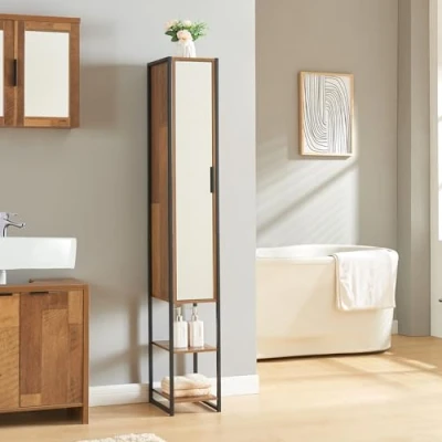 Immagine di [en.casa] Mobile a Colonna per Bagno Armadio Alto Stretto con Anta Specchiata e Ripiani Arredo 160 x 24 30 cm Nero/effetto Legno Intarsiato color Noce