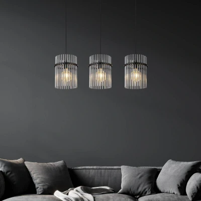 Immagine di Globo Lampada a sospensione Gorley, lunghezza 80 cm, grigio fumo, 3 luci, vetro