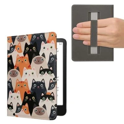 Immagine di kwmobile Custodia Cinturino Mano Compatibile con AmazonKindle Paperwhite (12. Gen 2024)/Kindle Colorsoft Cover eBook Reader Case eReader Simil Pelle Gatti