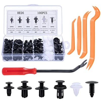 Immagine di set di clips voiture per auto 6 diverse tipologie clip rivestimenti porta e in plastica paraurti universali, inclusi i fissaggio della carrozzeria con rivetti a espansione.