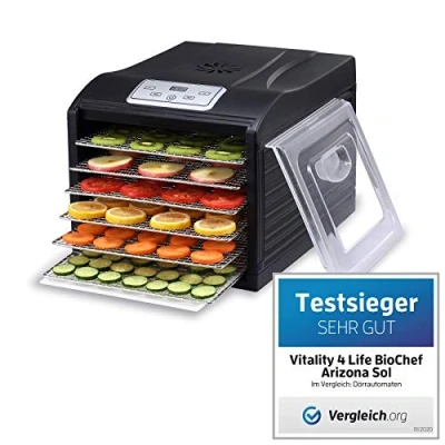 Immagine di Essiccatore BioChef Arizona Sol a 6 ripiani Porta trasparente, acciaio inox, sistema di essiccazione orizzontale, BPA Free e Enzyme Protection Technology