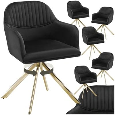 Immagine di TecTake® Set di 6 Sedie Girevoli in Velluto, Sala da Pranzo con Imbottitura, Moderne Braccioli e Gambe Acciaio, Ideali per Pranzo, Ufficio o Salotto Nero/Oro