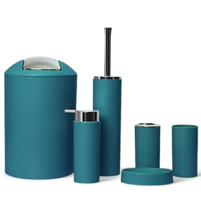 Immagine di GMMH Set di 6 accessori da bagno, con dispenser per sapone, porta saponetta e scopino WC (modello 2a, turchese scuro)