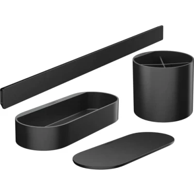 Immagine di hansgrohe WallStoris set da bagno, di accessori bagno senza forare, 4 pezzi, barra a parete, cestino portaoggetti con coperchio, porta spazzolini nero opaco, 27968670