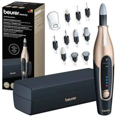 Immagine di Beurer MP 84 Special Edition, Lima Elettrica per Manicure o Pedicure con Batteria, 10 Accessori, Luce a Led, Custodia, Fino 4400 Giri Min, Fresa Cura delle Mani e dei Piedi, Colore Nero