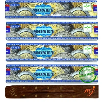Immagine di Satya Nag Champa bastoncini di incenso originali con porta M&amp;J, confezione da 4, per aromaterapia, spa, yoga, matrimoni, meditazione, guarigione, positività e relax