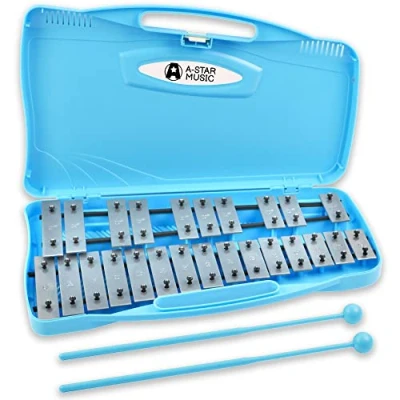 Immagine di a Star Xilofono soprano cromatico Glockenspiel 25 note in custodia blu con tasti argentati e due fruste plastica 2 ottave da G5 G7