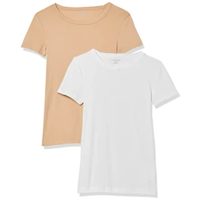 Immagine di Amazon Essentials T Shirt Girocollo a Maniche Corte Slim Donna, Pacco da 2, Bianco/Cammello Chiaro, XS