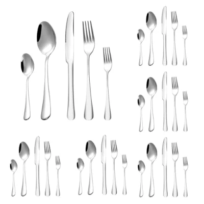 Immagine di 30 pezzi set posate in acciaio inox, di con coltello da bistecca, coltello, forchetta, ccucchiaio, finitura lucida lucida, lavabili lavastoviglie, servizio tavola per 6