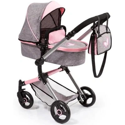 Immagine di Bayer Design Passeggino Neo Vario, Carrozzina per Bambole, Regolabile in Altezza, con Cesto e Borsa fasciatoio, Colore Grigio, Rosa, Farfalla, 18433AA