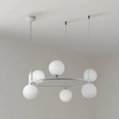 Immagine di Moderno Lampadario Pendente da soffitto, Altezza regolable, Montatura in metallo bianco, 6 luci, diffusori sferici vetro bianco opaco, Design nordico, industriale, per lamp G9 25W non incl
