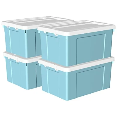 Immagine di Cetomo Scatola portaoggetti in plastica 65L* 4, contenitore per organizzare con coperchio durevole e fibbie di chiusura sicure, impilabile annidabile, confezione da blu fibbia