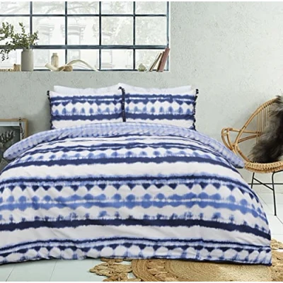 Immagine di Sleepdown Set di biancheria da letto double face con copripiumino e federa, motivo geo tie dye, colore blu bianco, nappe, morbido facile pulire, per singolo (135 x 200 cm)
